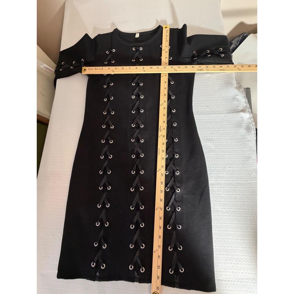 Black Lace Up Grommet Long Sleeve Bodycon Mini Dress Small Edgy Goth Night Out - Picture 6 of 7